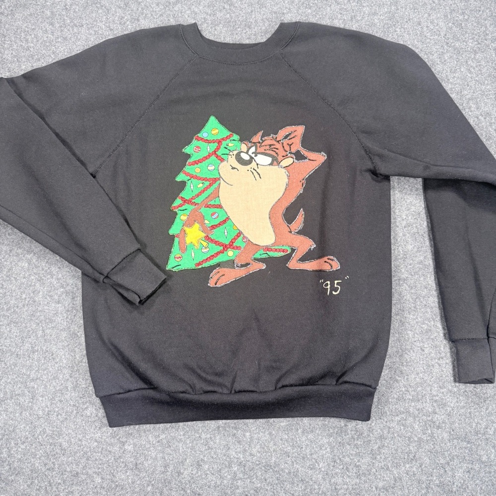 Vintage 1995 Tultex Looney Tunes Taz Christmas Sweatshirt Black Medium USA Made